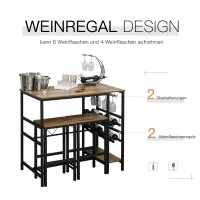 HOMCOM Bartafelset statafel met 2 barkrukken aanrecht met stalen flessenhouder(m-5)