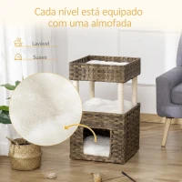PawHut Árvore Arranhadora para Gatos de Vime Torre para Gatos Médios com Caverna 2 Camas Postes de Sisal Natural e Almofadas Laváveis de Pélucia Suave 40x40x70cm Marrom(m-6)
