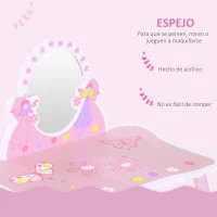 HomCom® Tocador Maquillaje para Niños con Espejo y Taburete Madera Rosa(m-6)