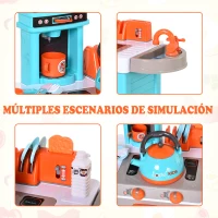 HOMCOM Cocina de Juguetes para Niños Mayores de 3 Años con 33 Accesorios Juegos de Rol Luces y Sonidos Educativo 64x29x87 cm Azul(m-4)
