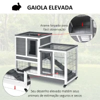 PawHut Coelheira de Madeira Interior com Rodas Gaiola para Coelhos Animais Pequenos de 2 Pisos com Zona Aberta Rampa e 2 Bandejas Removíveis 110x50x86cm Cinza(m-4)
