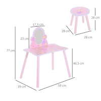 HomCom® Tocador Maquillaje para Niños con Espejo y Taburete Madera Rosa(m-3)