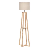 HOMCOM vloerlamp vloerlamp met plank pedaalschakelaar modern en beknopt voor woonkamer slaapkamer kantoor metaal linnen rubberhout crèmewit + natuurlijk hout 40 x 40 x 149 cm(m-1)