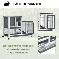 PawHut Coelheira de Madeira Interior com Rodas Gaiola para Coelhos Animais Pequenos de 2 Pisos com Zona Aberta Rampa e 2 Bandejas Removíveis 110x50x86cm Cinza(m-5)