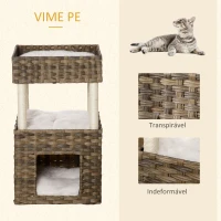PawHut Árvore Arranhadora para Gatos de Vime Torre para Gatos Médios com Caverna 2 Camas Postes de Sisal Natural e Almofadas Laváveis de Pélucia Suave 40x40x70cm Marrom(m-5)