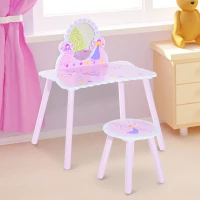 HomCom® Tocador Maquillaje para Niños con Espejo y Taburete Madera Rosa(m-2)