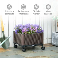 Outsunny Floreira de Plástico Quadrada com 4 Rodas Floreira de Jardim com Orifícios de Drenagem para Cultivo de Plantas em Exterior Pátio Terraço 40x40x31,5cm Marrom(m-6)