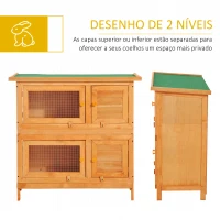 PawHut Coelheira de Madeira Exterior de 2 Níveis Gaiola para 1-2 Coelhos Animais Pequenos com Teto Asfáltico Dobrável e 2 Bandejas Removíveis 90x45x90cm Madeira(m-6)