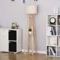 HOMCOM vloerlamp vloerlamp met plank pedaalschakelaar modern en beknopt voor woonkamer slaapkamer kantoor metaal linnen rubberhout crèmewit + natuurlijk hout 40 x 40 x 149 cm(m-2)