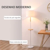 HOMCOM Candeeiro de Pé com Prateleira de Madeira Ecrã de Tecido Suporte para Lâmpada E27 Máx. 40W com Interruptor de Pé Moderno para Sala de Estar Dormitório Estúdio Ø35x155cm Branco(m-7)