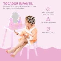 HomCom® Tocador Maquillaje para Niños con Espejo y Taburete Madera Rosa(m-4)