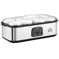HOMCOM yoghurtmaker, digitaal display 8 yoghurtpotten met glazen deksel, 180 ml, instelbare temperatuur en tijd, 36 x 18,8 x 14 cm(m-1)