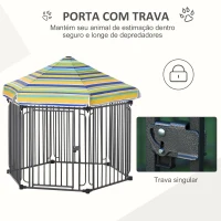 PawHut Parque para Animais de Estimação com 6 Barreiras de Metal 61x76cm Canil Desmontável para Cães com Teto Hexagonal e Porta com Fechadura de Segurança 122x105x119cm Preto e Colorido(m-4)