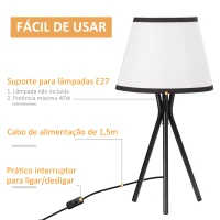 HOMCOM Candeeiro de Mesa com Tripé de Metal Candeeiro de Escritório com Ecrã de Tecido e Suporte para Lâmpada E27 Máx. 40W Estilo Moderno para Dormitórios Sala de Estar Ø25x50cm Branco e Preto(m-6)