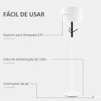 HOMCOM Candeeiro de Pé com Ganchos para Bolsa Chapéus Ecrã de PE Suporte para Lâmpada E27 Máx. 40W e Interruptor de Pé Moderno para Sala de Estar Dormitório Ø38x158cm Branco e Preto(m-6)