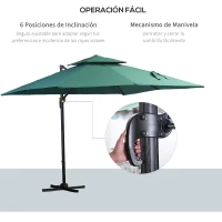 Outsunny Sombrilla de Jardín 300x300 cm Parasol de Aluminio con Manivela Poste Giratorio 360° Doble Techo Inclinable en 6 Posiciones y Base Cruzada Incluida Verde(m-4)