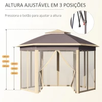 Outsunny Tenda Dobrável Exterior 4,05x3,4x2,85m com Altura Ajustável Pérgola de Jardim Hexagonal com Teto Duplo Mosquiteiras Removíveis e Bolsa de Transporte para Festas Bege(m-6)