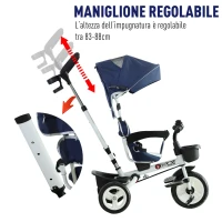 Homcom Triciclo Passeggino per Bambini con Maniglione Tetto Parapioggia Regolabile e Cestino, Blu(m-7)