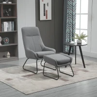 HOMCOM Set Poltrona con Pouf Poggiapiedi Imbottiti, Arredamento Casa e Ufficio in Metallo e Tessuto, Grigio(m-2)