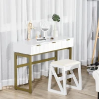 HOMCOM Toeletta da Camera in MDF e Metallo, Tavolo per Trucco con 3 Cassetti 100x40x76cm Bianco e Oro(m-2)