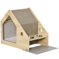 PawHut Niche à Chien et Chat Maison pour Chien et Chat d'intérieur Design avec Deux gamelles et Coussin Amovible - Beige(m-1)