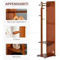 HOMCOM Specchio da Terra con Appendiabiti, Mensole e Ruote, Sistema Antiribaltamento, MDF e Legno, 40x44.5x170cm, Noce(m-6)