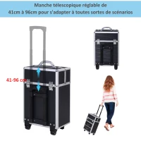 HOMCOM Valise trolley maquillage mallette cosmétique vanity poignée télescopique réglable 36L x 23l x 58H cm alu noir(m-4)