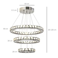 HOMCOM Lampadario Moderno LED a 3 Anelli con Cristalli e Telecomando, Altezza Regolabile, 3 Tonalità di Luce, 71W, Ф40x120cm(m-3)
