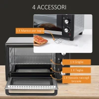 HOMCOM Fornetto Elettrico 28L Timer e Temperatura Regolabile, 3 Modalità di Cottura e Accessori, 1600W, 48.6x36.3x32cm, Argento Nero(m-6)