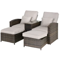 Outsunny Set 2 Sedie Sdraio da Giardino Reclinabili con Tavolino, Lettino Prendisole Imbottito in Rattan Sintetico, Marrone e Khaki, 165x75x96cm(m-1)