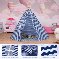 HOMCOM Tenda Indiana per Bambini con Borsa di Trasporto Tappetino e 2 Cuscini, Tenda Teepee Blu e Bianco 200x200x170cm(m-6)