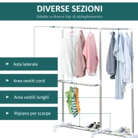 HOMCOM Stender Estensibile Appendiabiti Stendibiancheria 3 Livelli con Portascarpe e Ruote, Acciaio e PP, Bianco, 93-172x42x95-162.5cm(m-4)