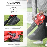 Outsunny Soffiatore Aspiratore Elettrico 3 in 1 con Trituratore, Sacco di Raccolta 45L, Tracolla e Ruote, 3000W, 270km/h, 118x17x34cm, Rosso(m-5)