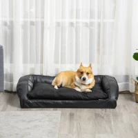 PawHut Panier lit pour chien chat matelas lavable coussin amovible déhoussable revêtement synthétique simili cuir moelleux grand confort pour grand chien chat - noir(m-8)
