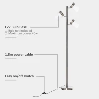 HOMCOM Lampada da Terra Moderna con 3 Paralumi Regolabili in Vetro, Piantana da Terra Design in Metallo, 38-52x25x165cm, Argento(m-7)