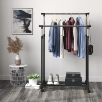 HOMCOM Appendiabiti Attaccapanni in Acciaio con Altezza Regolabile, Stand Porta Abiti, 4 Rotelle, 2 Binari e 1 Ripiano, Nero(m-2)