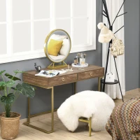 HOMCOM Tavolo Multiuso Scrivania Moderna e Toeletta con 2 Cassetti, in Metallo e MDF, 110x55x76cm Marrone e Oro(m-2)