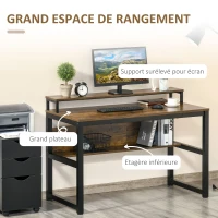 HOMCOM Bureau Design Industriel - 2 étagères - châssis métal Noir Grand Plateau Panneaux Particules Bicolore Noir et boisé(m-4)