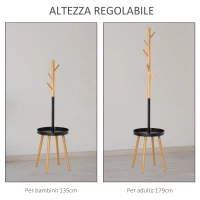 HOMCOM Albero Appendiabiti da Terra con Altezza Regolabile, Attaccapanni 2 in 1 con Tavolino e 5 Ganci, 40x40x179cm, Legno e Nero(m-4)