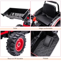 HOMCOM Tracteur électrique Enfant - tractopelle Enfants 6V - V. Max. 2,5 Km/h - Effets Lumineux sonores - Pelle Manuelle - métal PP Noir Rouge(m-5)