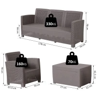 Outsunny Salottino Esterni Componibile in PP Effetto Rattan Set da 4 Pezzi Grigio con Divano, Poltrona, Tavolo Contenitore e Cuscini(m-3)