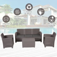 Outsunny Salottino Esterni Componibile in PP Effetto Rattan Set da 4 Pezzi Grigio con Divano, Poltrona, Tavolo Contenitore e Cuscini(m-6)
