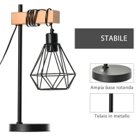 HOMCOM Lampada da Tavolo in Stile Industriale, Lampada da Comodino con Paralume Regolabile in Metallo Nero e Color Legno, 25x15x48cm(m-6)