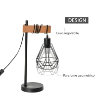 HOMCOM Lampada da Tavolo in Stile Industriale, Lampada da Comodino con Paralume Regolabile in Metallo Nero e Color Legno, 25x15x48cm(m-4)