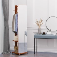 HOMCOM Specchio da Terra con Appendiabiti, Mensole e Ruote, Sistema Antiribaltamento, MDF e Legno, 40x44.5x170cm, Noce(m-2)