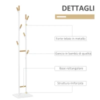 HOMCOM Appendiabiti da Terra Salvaspazio con 8 Braccia e Base Rettangolare in Metallo e Bambù, 34x30x183cm Bianco(m-6)