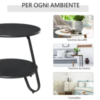 HOMCOM Tavolino Rotondo da Caffè Stile Industriale con 2 Ripiani e Telaio in Metallo Nero per Soggiorno Φ50x46.5cm(m-6)