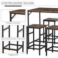 HOMCOM Set Tavolo Alto con 4 Sgabelli Stile Industriale in Metallo e Legno, Arredamento Moderno Soggiorno e Cucina, Marrone Rustico(m-6)