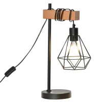 HOMCOM Lampada da Tavolo in Stile Industriale, Lampada da Comodino con Paralume Regolabile in Metallo Nero e Color Legno, 25x15x48cm(m-1)