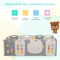 HOMCOM Box Recinto per Bambini +6 Mesi con 14 Pannelli a Incastro con Serratura e Giochi, Grigio e Bianco 160x152x62cm(m-4)